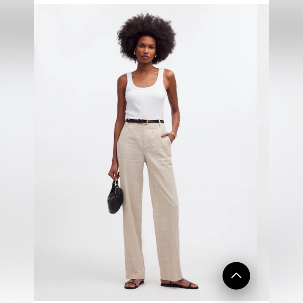 Madewell mid-rise straight leg plaid tan pants in linen blend. Size 8.